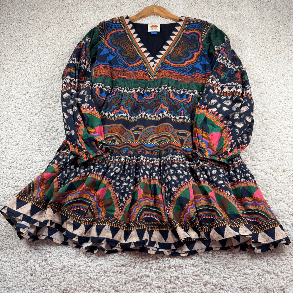 Farm Rio Anthropologie Mini Dress Women Small Multi Color Leopard Boho Excellent